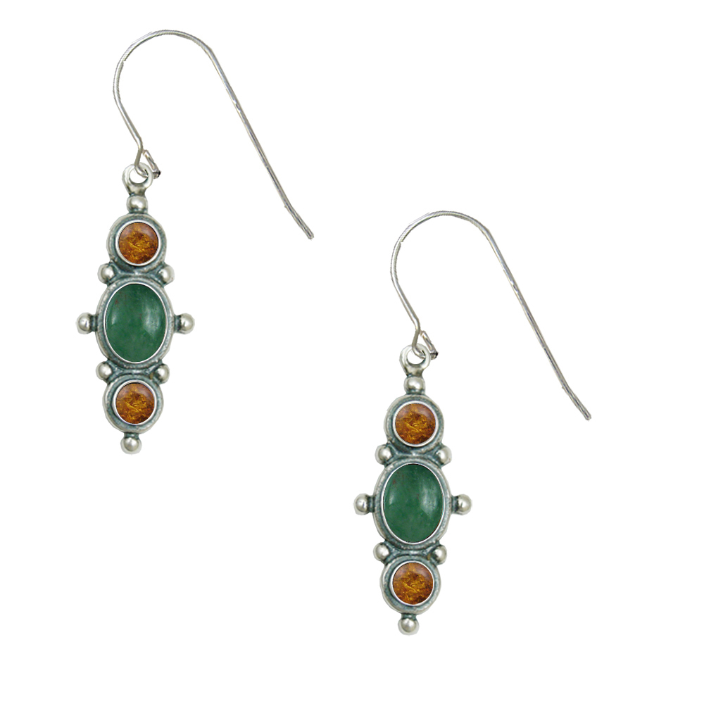 Sterling Silver Drop Dangle Earrings With Jade And Amber